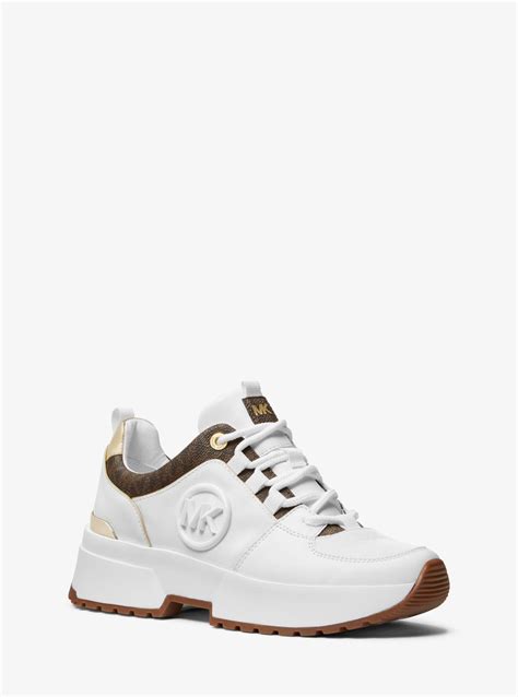 Michael Kors White Cosmo Logo And Faux Leather Trainer